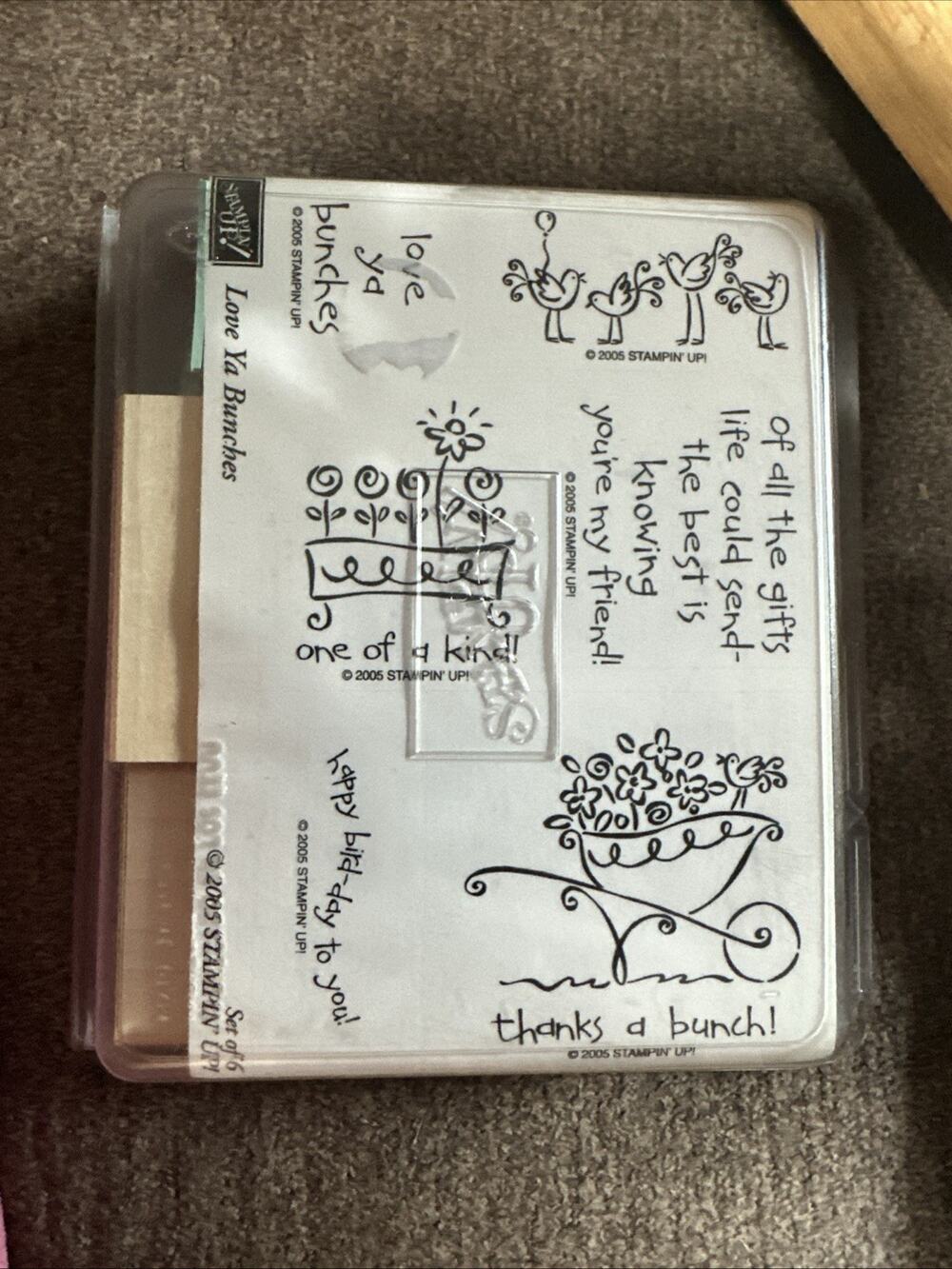 NEW Stampin Up! Wood Mount Stamp Set of 6 Love Ya Bunches Friend Birthday 2005